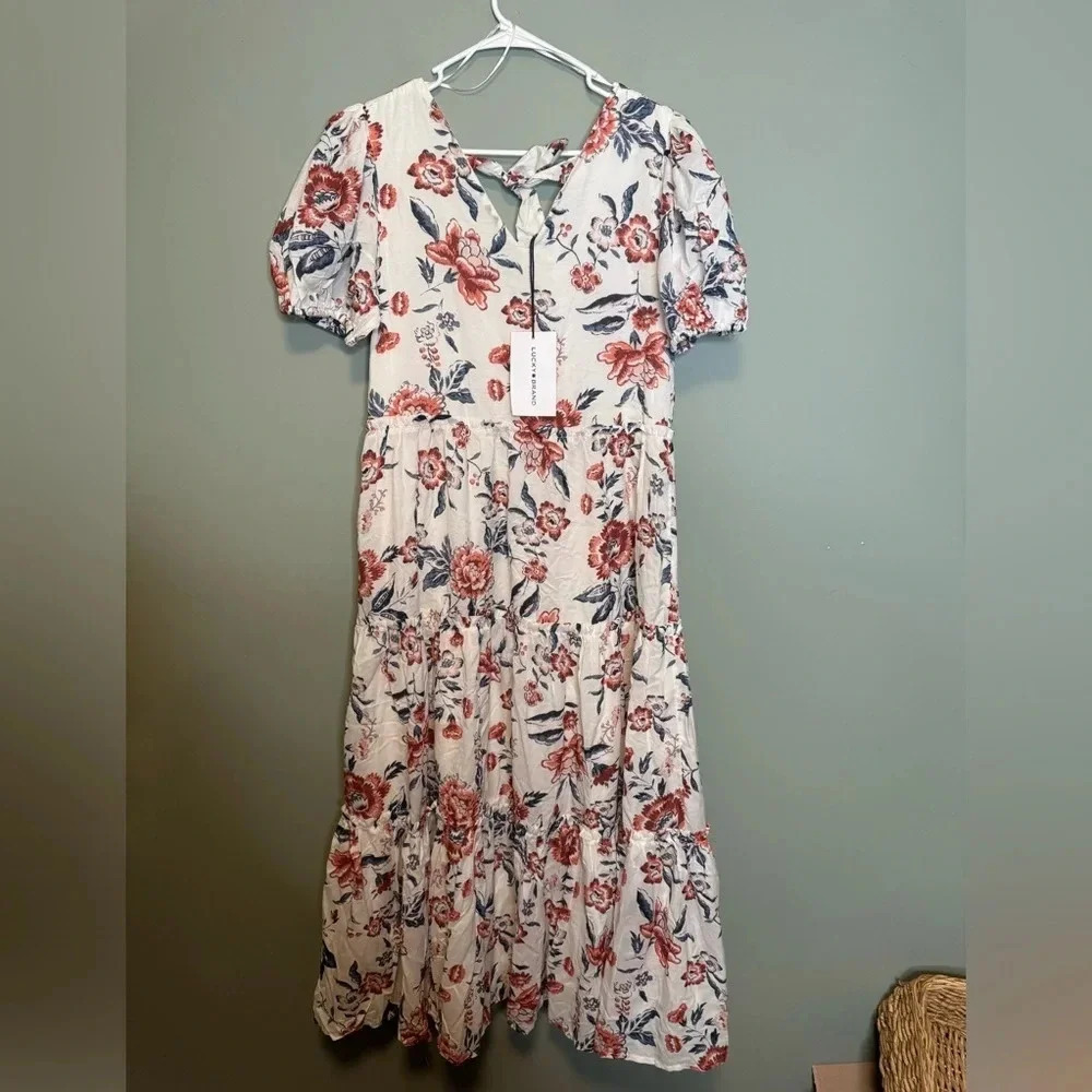 Lucky Brand Women’s Short Puff Sleeve V-neck Tiered Tie Back Floral Maxi Dress S